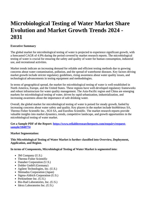 Reportprime Microbiological Testing of Water Market Share Evolution
