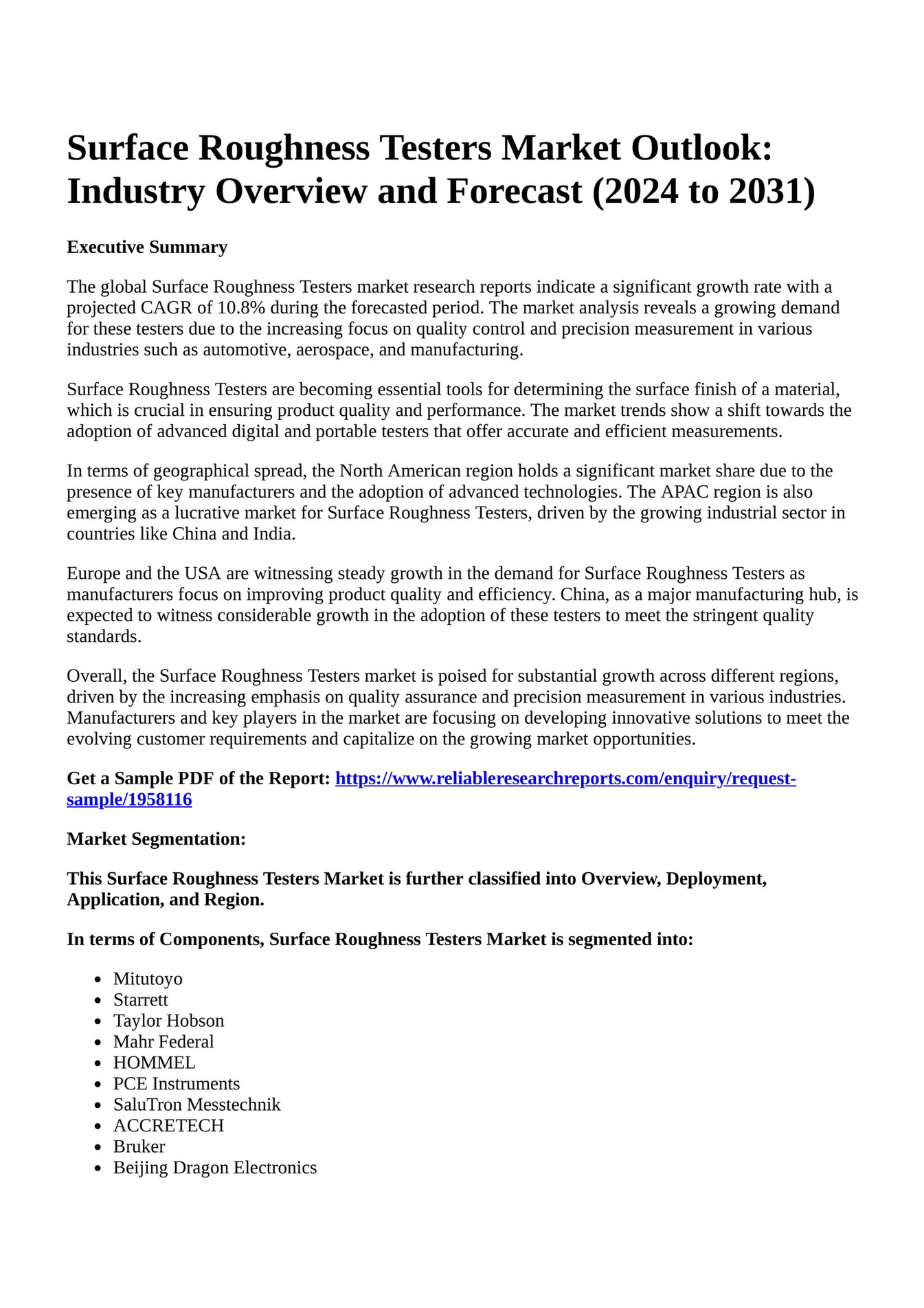 Reportprime Surface Roughness Testers Market Outlook Industry Overview And Forecast 2024 To