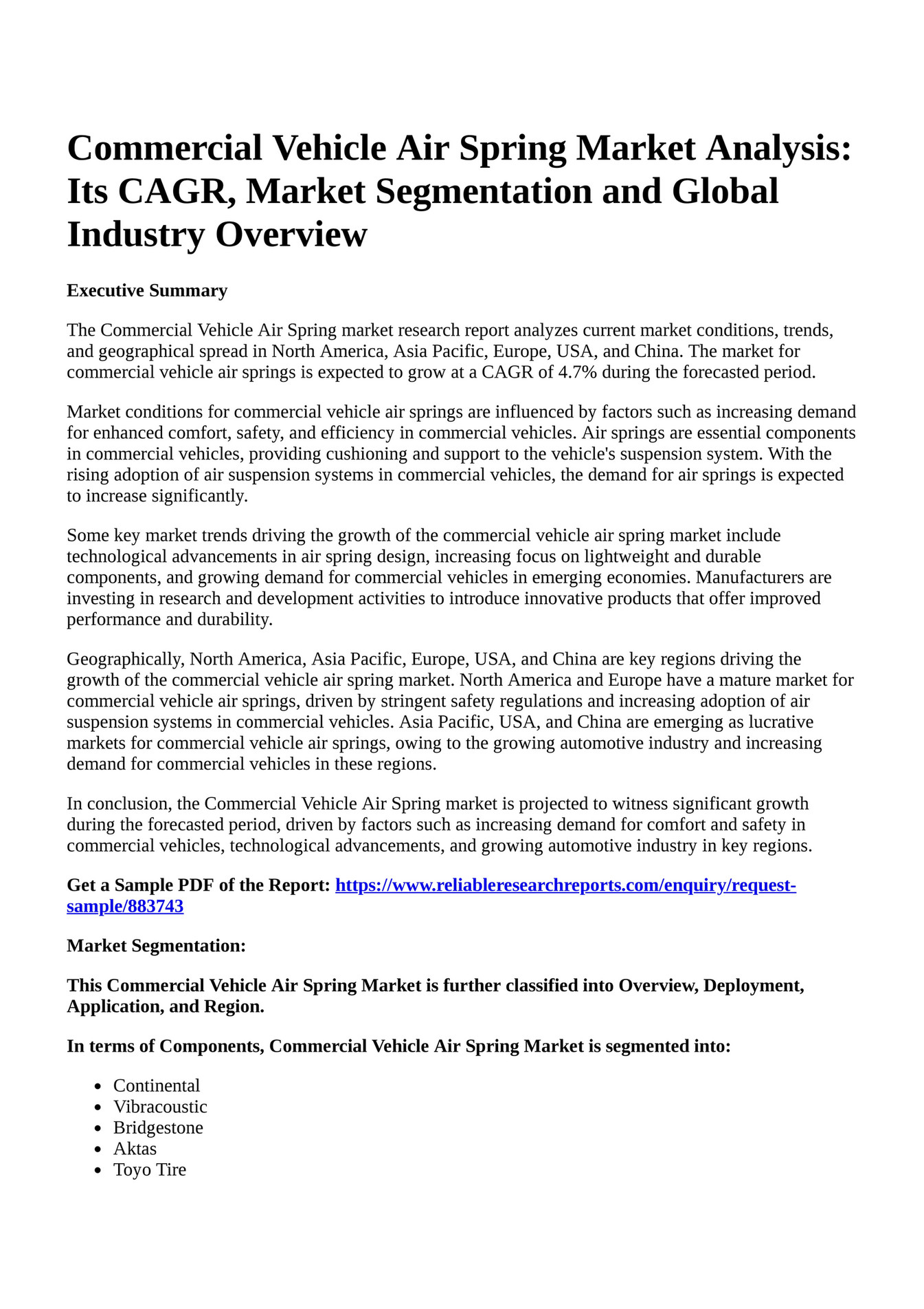 Reportprime Commercial Vehicle Air Spring Market Analysis Its CAGR, Market Segmentation and