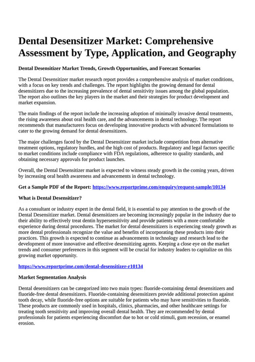 Reportprime Dental Desensitizer Market Comprehensive Assessment by