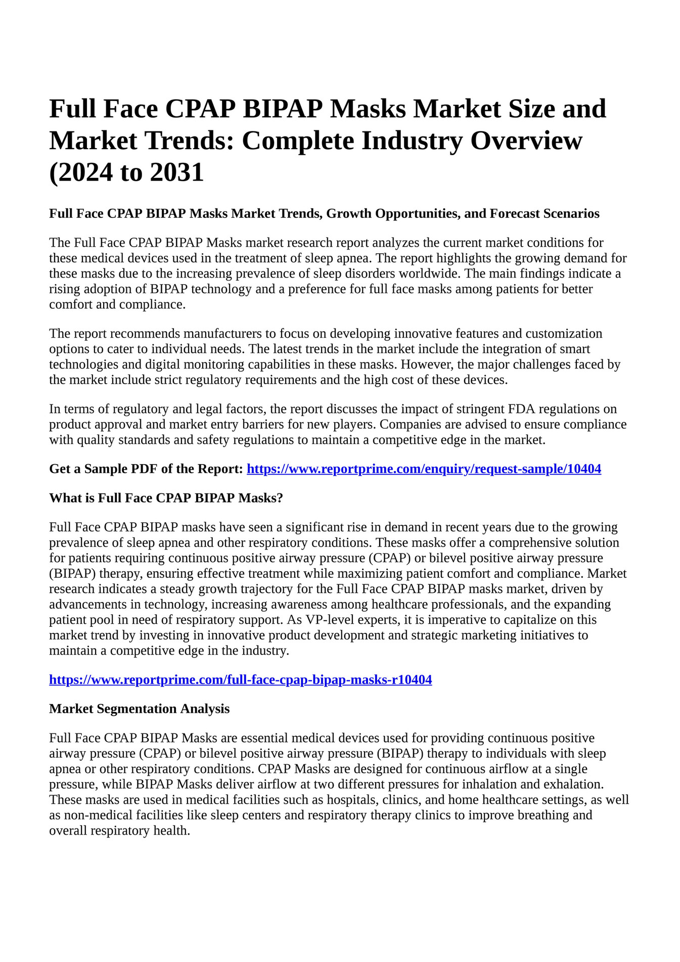 Reportprime Full Face CPAP BIPAP Masks Market Size and Market Trends