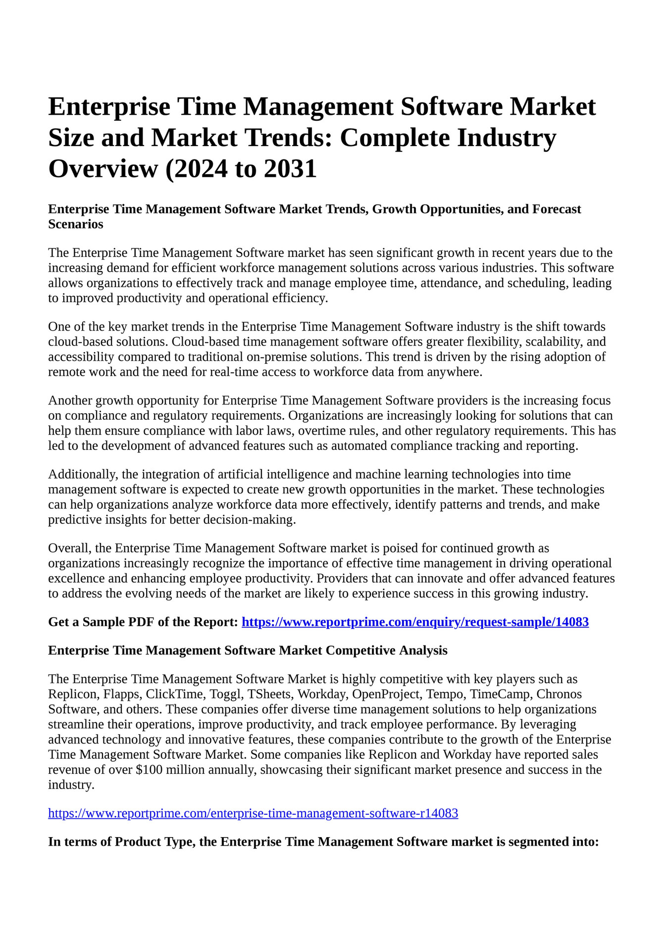 Reportprime Enterprise Time Management Software Market Size and