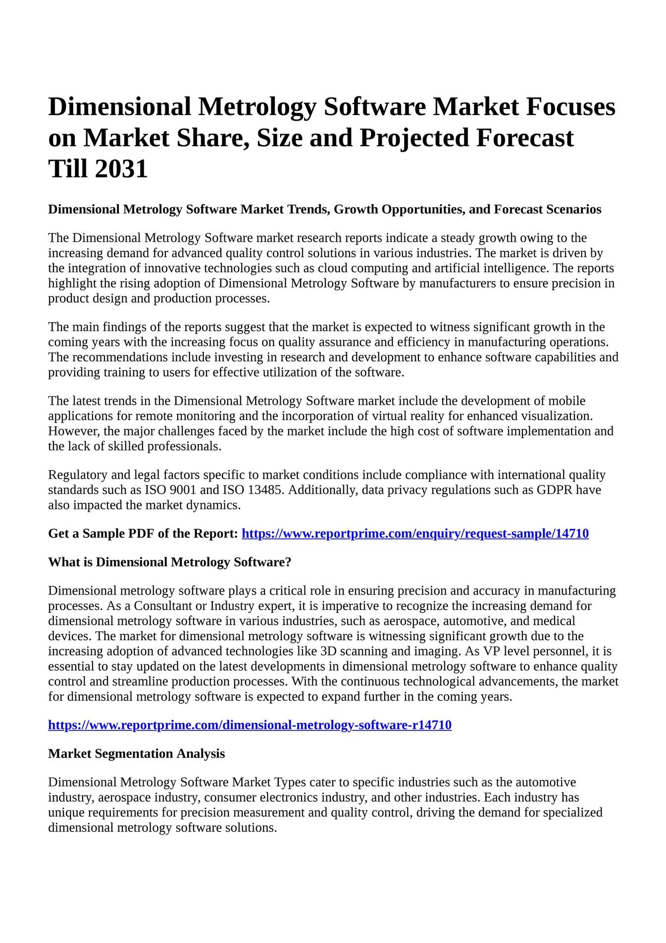 Reportprime Dimensional Metrology Software Market Focuses on Market