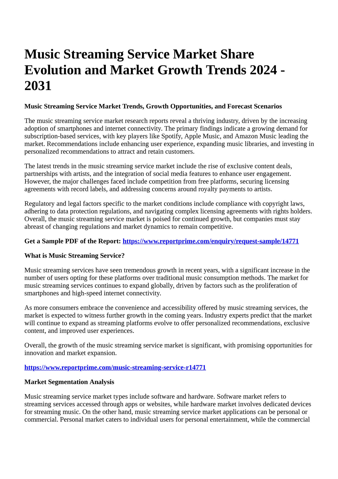 Reportprime - Music Streaming Service Market Share Evolution and Market ...