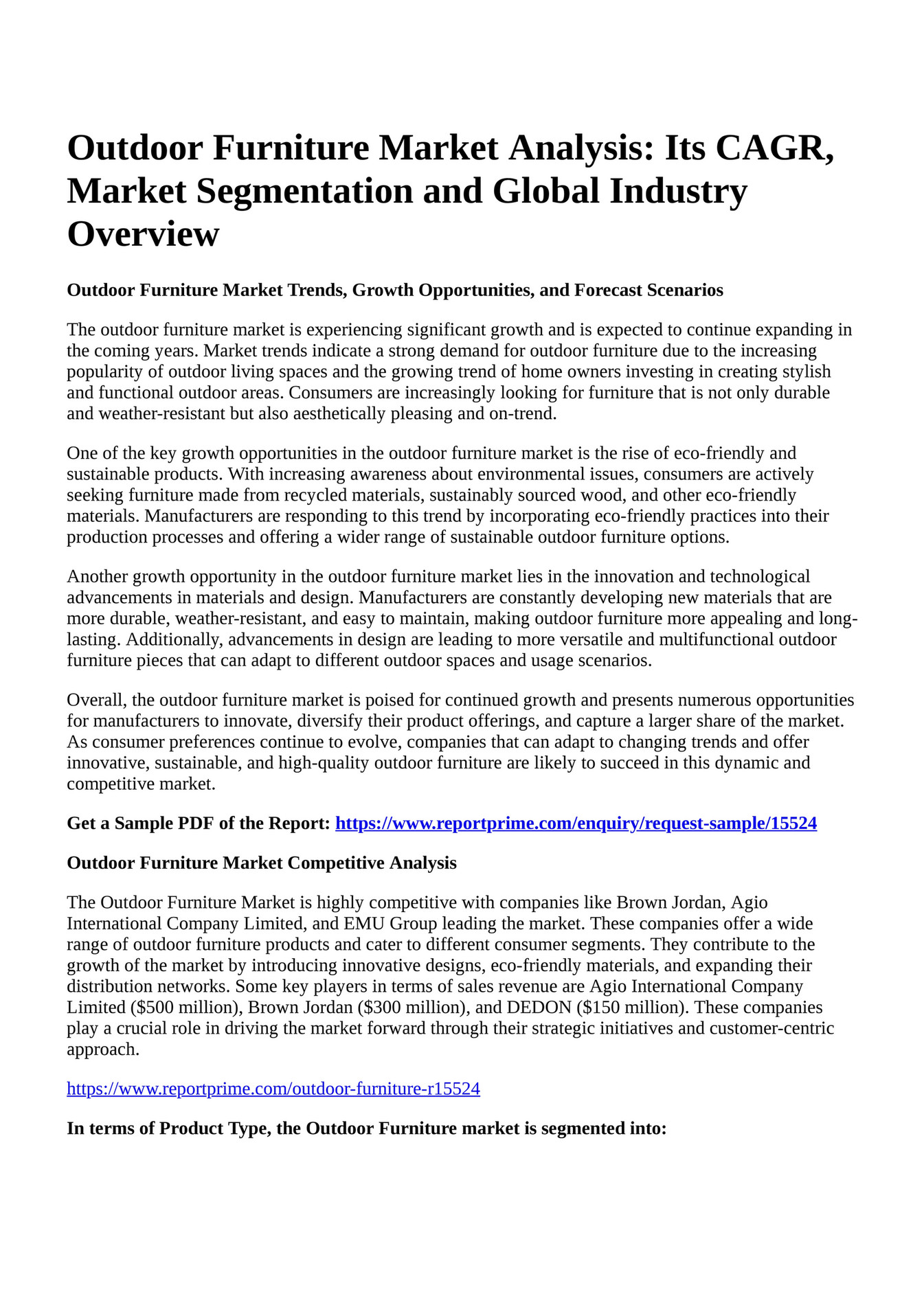 Reportprime Outdoor Furniture Market Analysis Its CAGR, Market