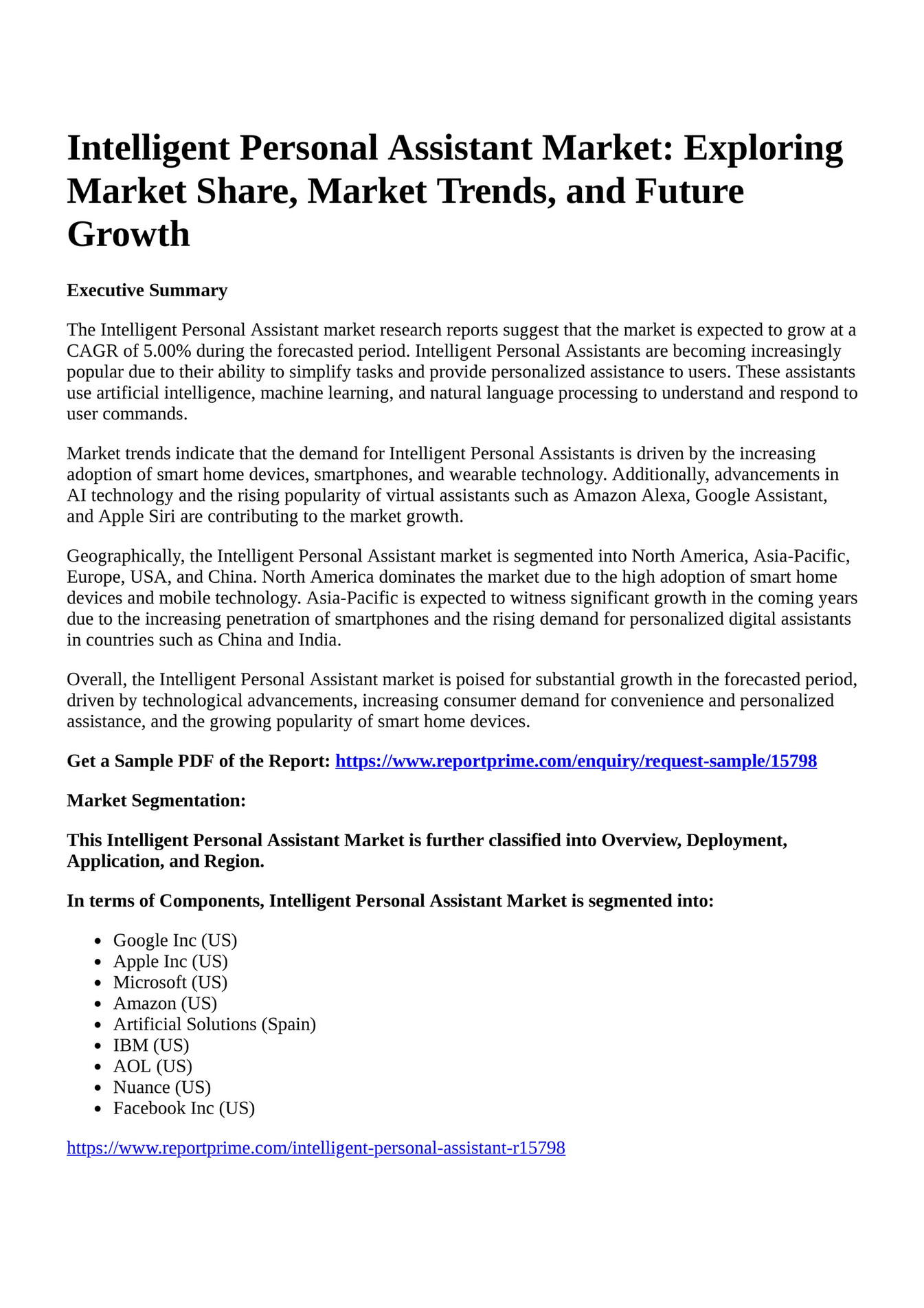 Reportprime Intelligent Personal Assistant Market Exploring Market Share, Market Trends, and