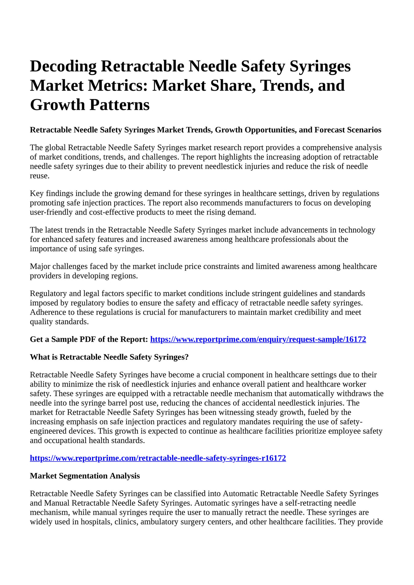 Reportprime Decoding Retractable Needle Safety Syringes Market