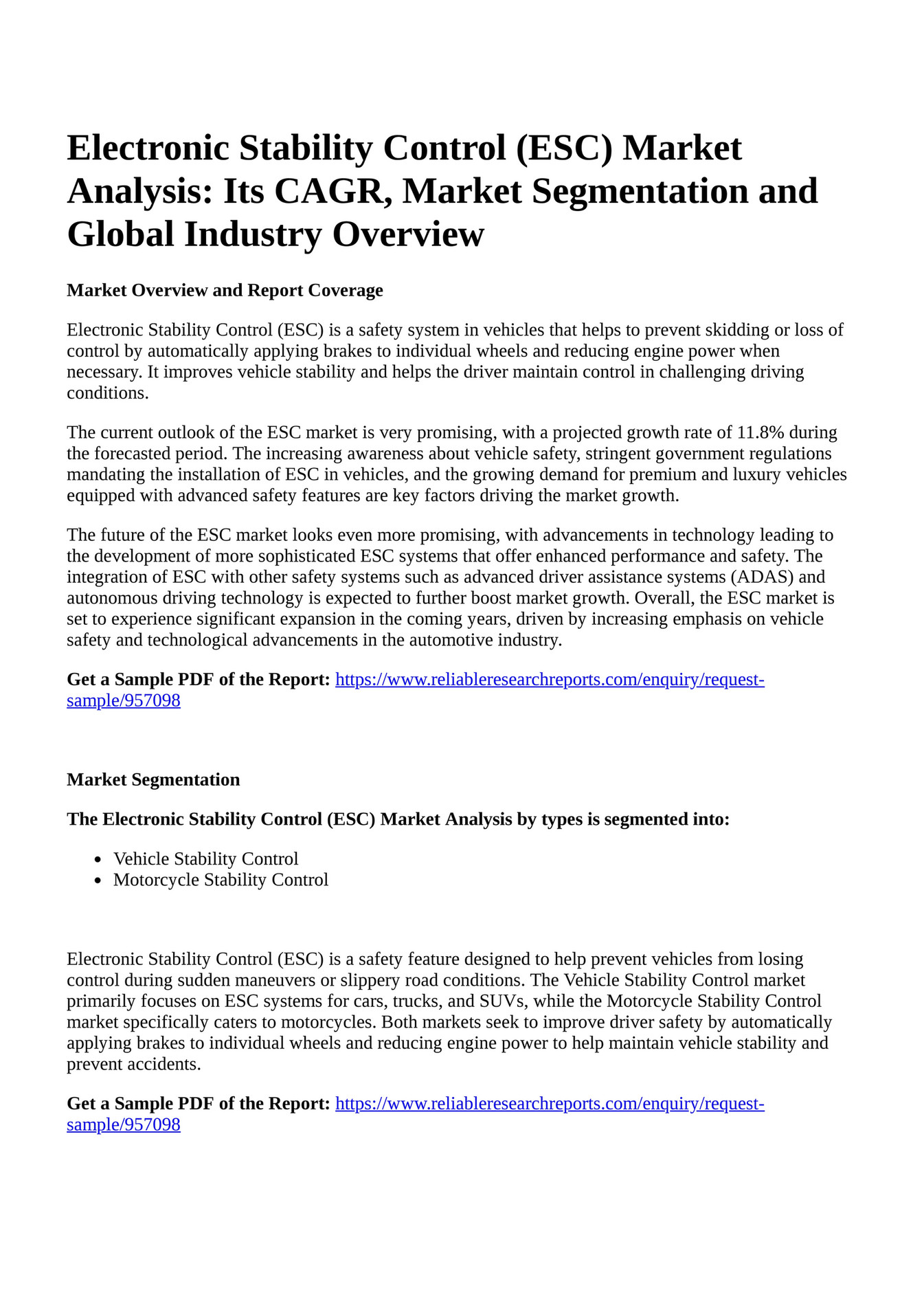 Reportprime - Electronic Stability Control (ESC) Market Analysis: Its ...