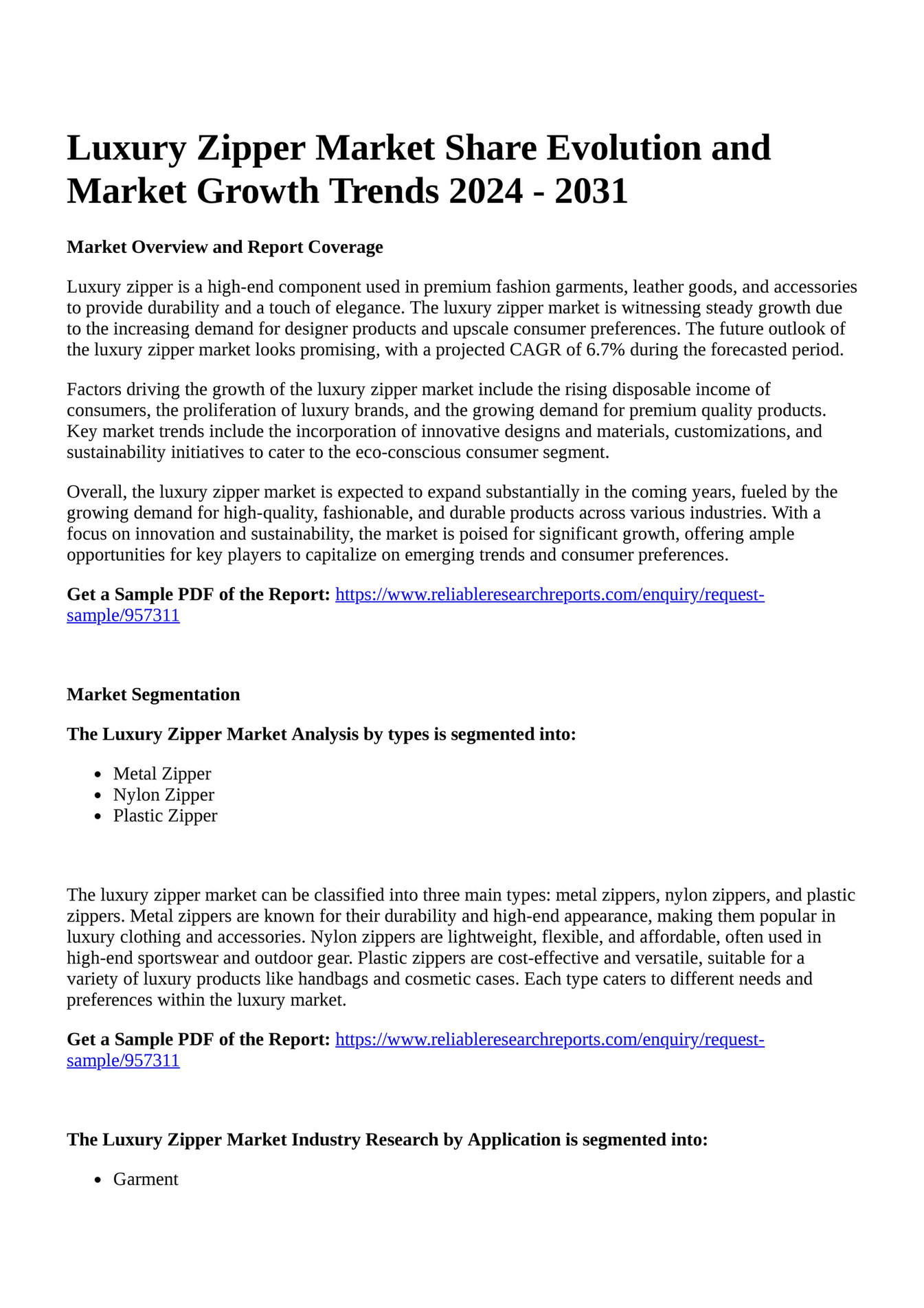 Reportprime Luxury Zipper Market Share Evolution and Market Growth Trends 2024 2031 Page 1