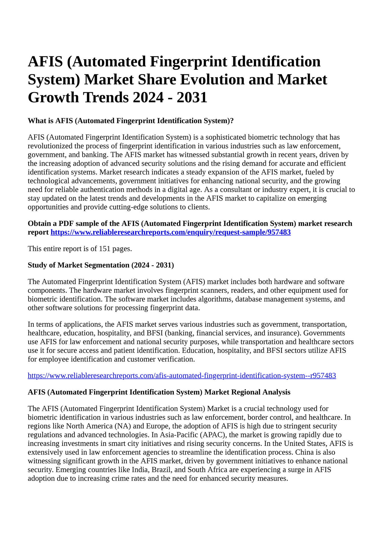 Reportprime - AFIS (Automated Fingerprint Identification System) Market ...