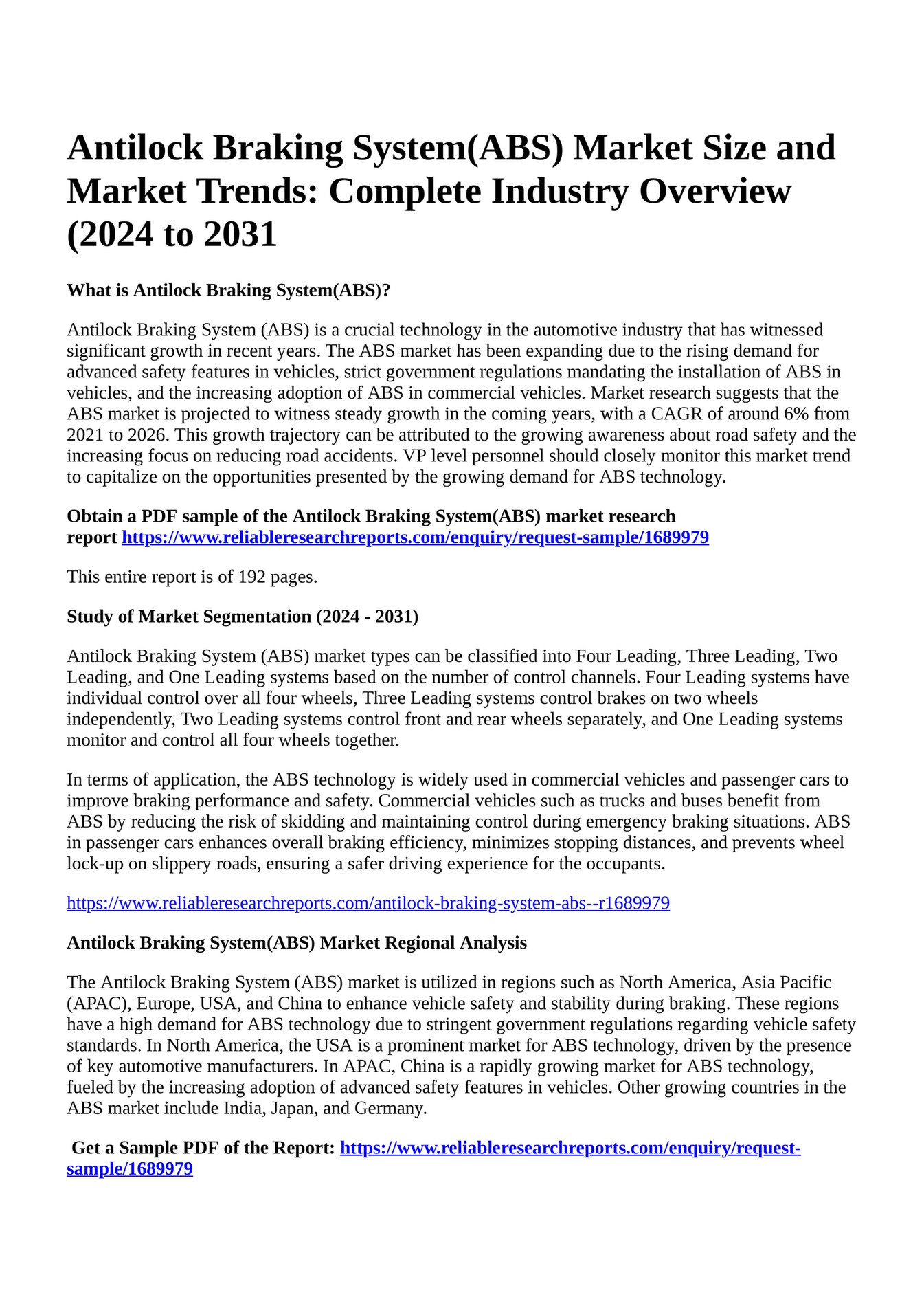 Reportprime Antilock Braking System(ABS) Market Size and Market