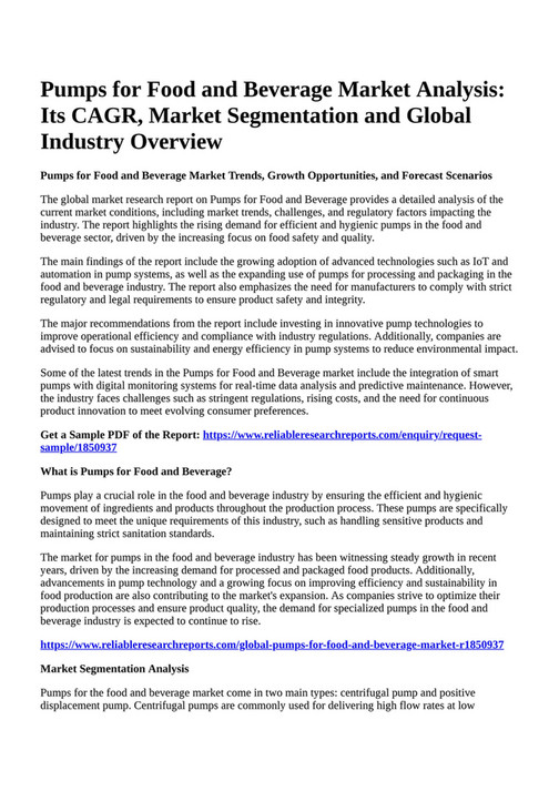 Reportprime Pumps for Food and Beverage Market Analysis Its CAGR