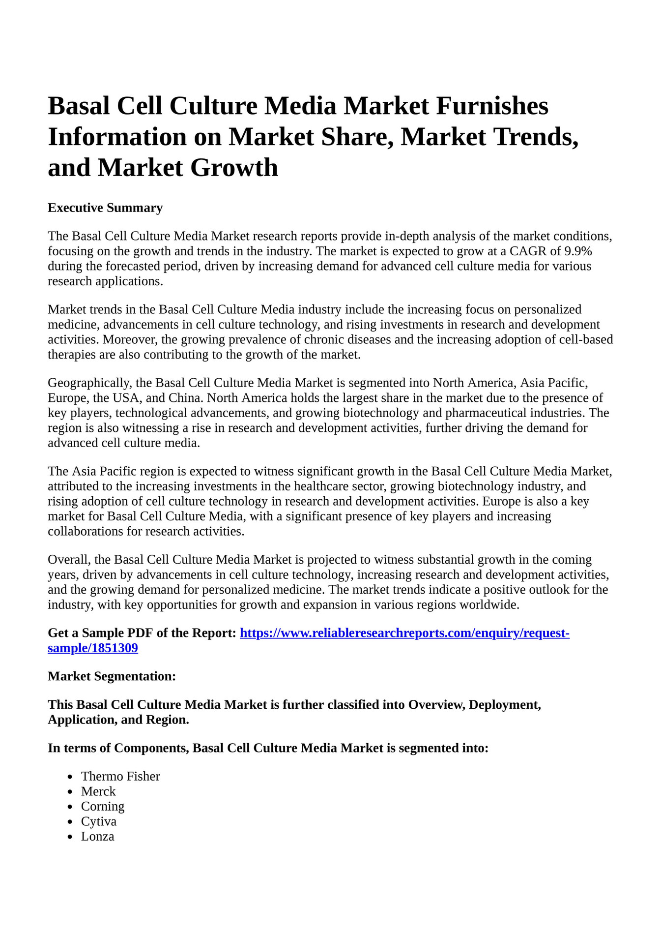 Reportprime Basal Cell Culture Media Market Furnishes Information on