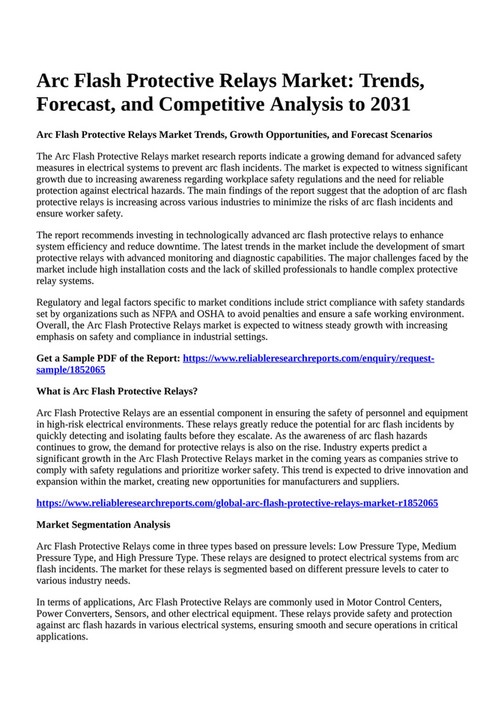 Reportprime Arc Flash Protective Relays Market Trends, Forecast, and
