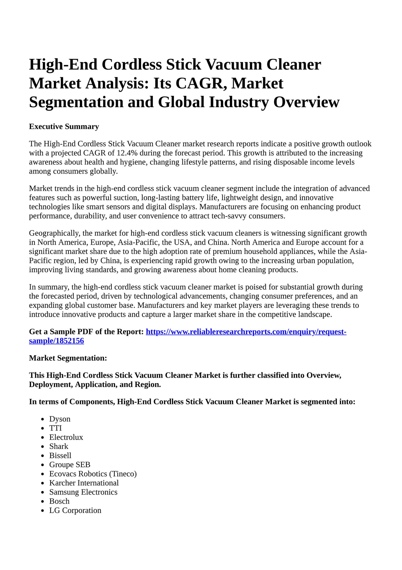 Reportprime HighEnd Cordless Stick Vacuum Cleaner Market Analysis