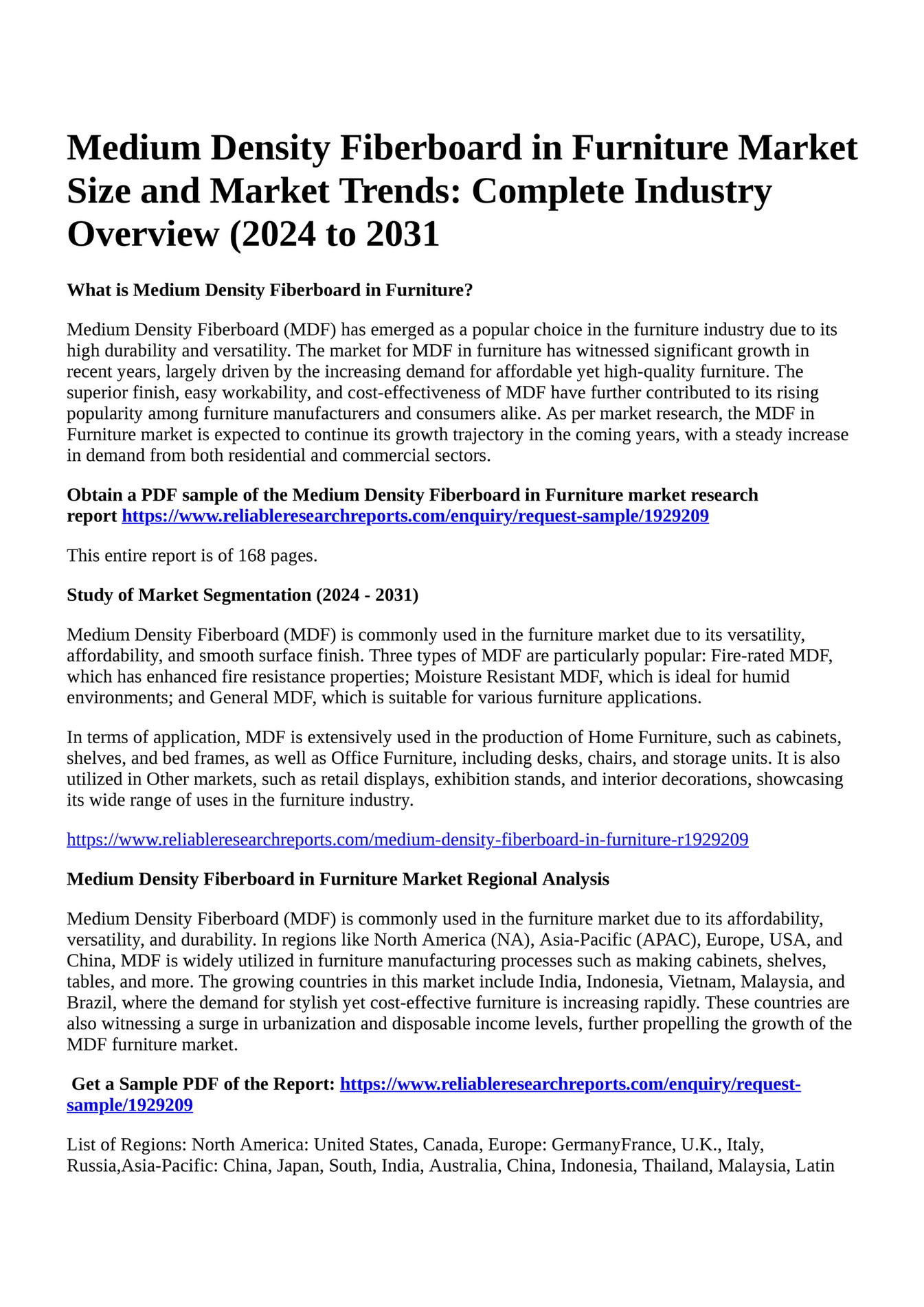 Reportprime - Medium Density Fiberboard in Furniture Market Size and ...