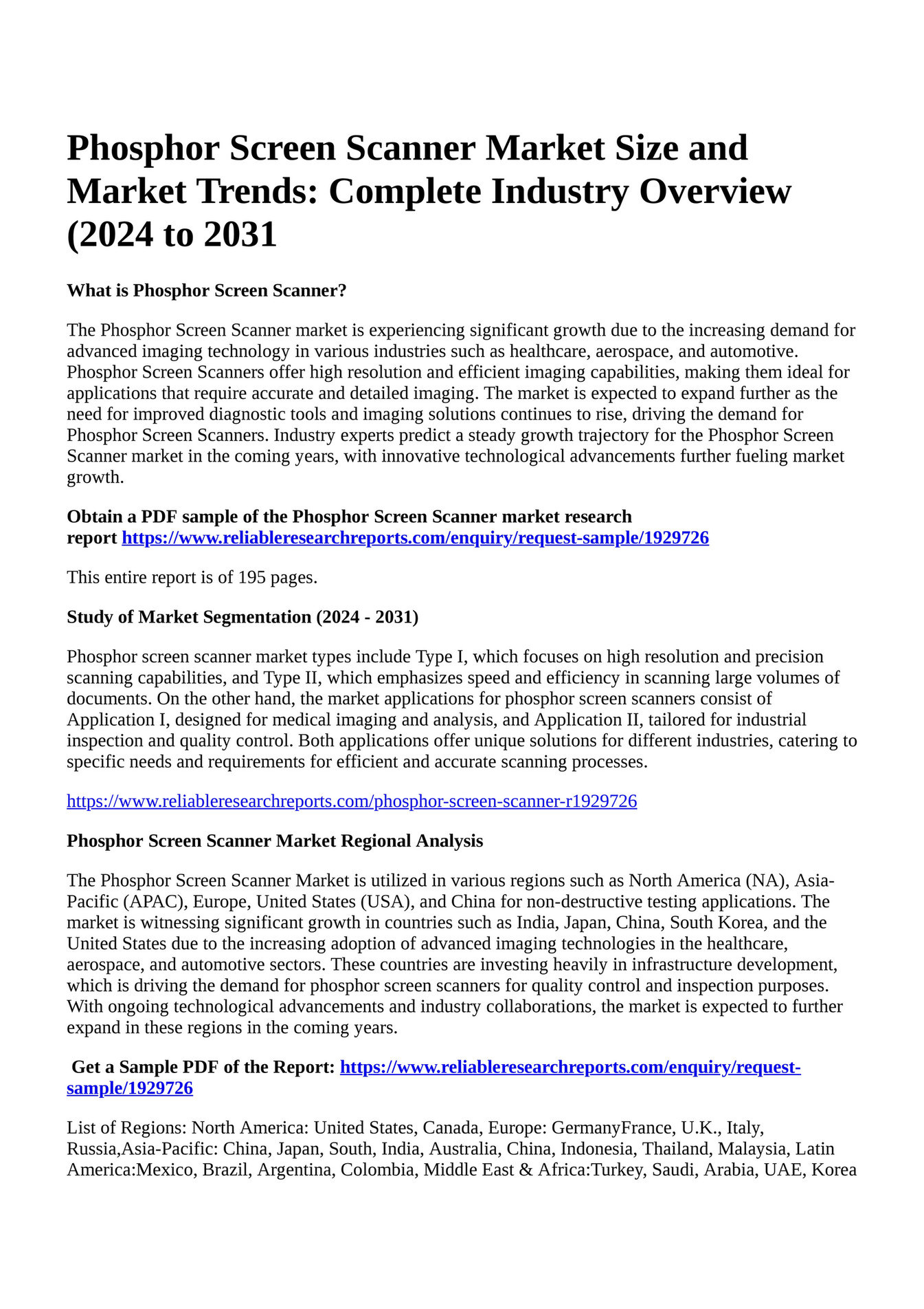 Reportprime Phosphor Screen Scanner Market Size And Market Trends