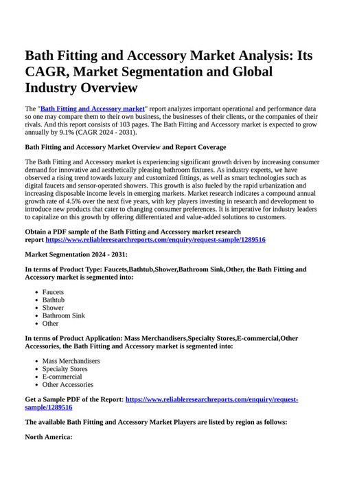 Reportprime Bath Fitting and Accessory Market Analysis Its CAGR