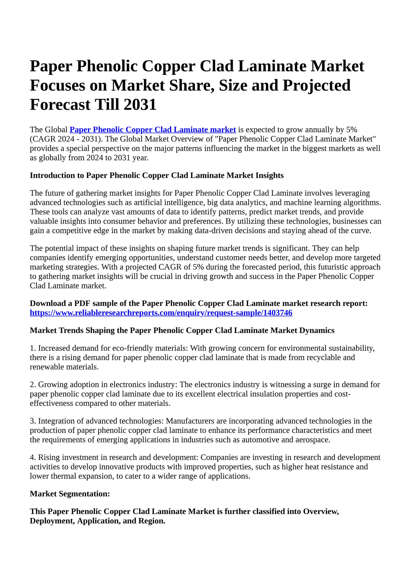 Reportprime Paper Phenolic Copper Clad Laminate Market Focuses on