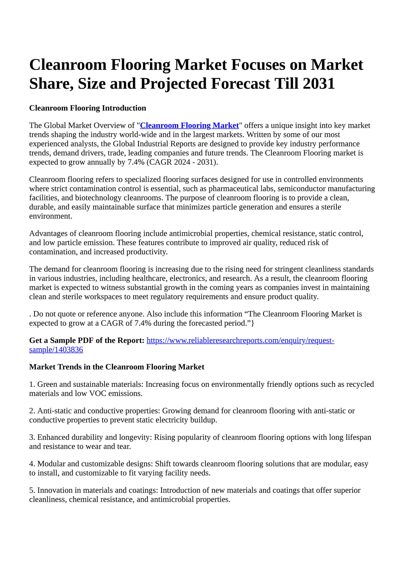 Reportprime Cleanroom Flooring Market Focuses on Market Share, Size