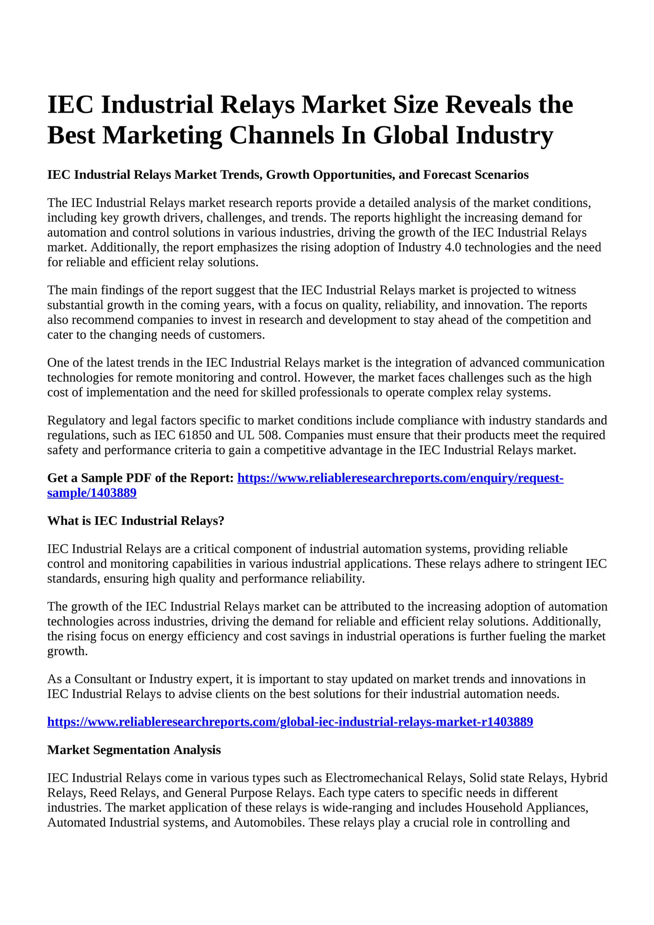 Reportprime IEC Industrial Relays Market Size Reveals the Best