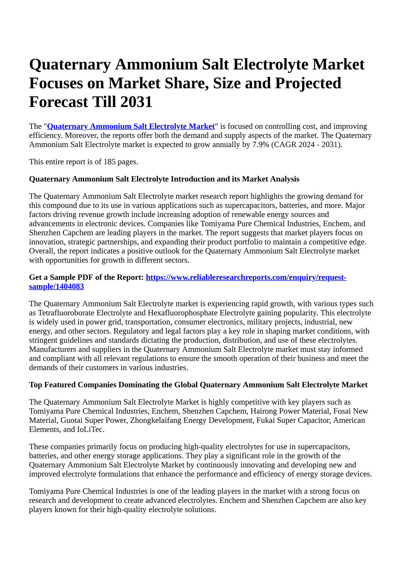 Reportprime - Quaternary Ammonium Salt Electrolyte Market Focuses On ...