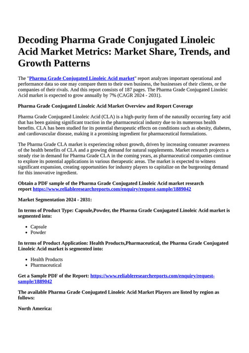 Reportprime Decoding Pharma Grade Conjugated Linoleic Acid Market