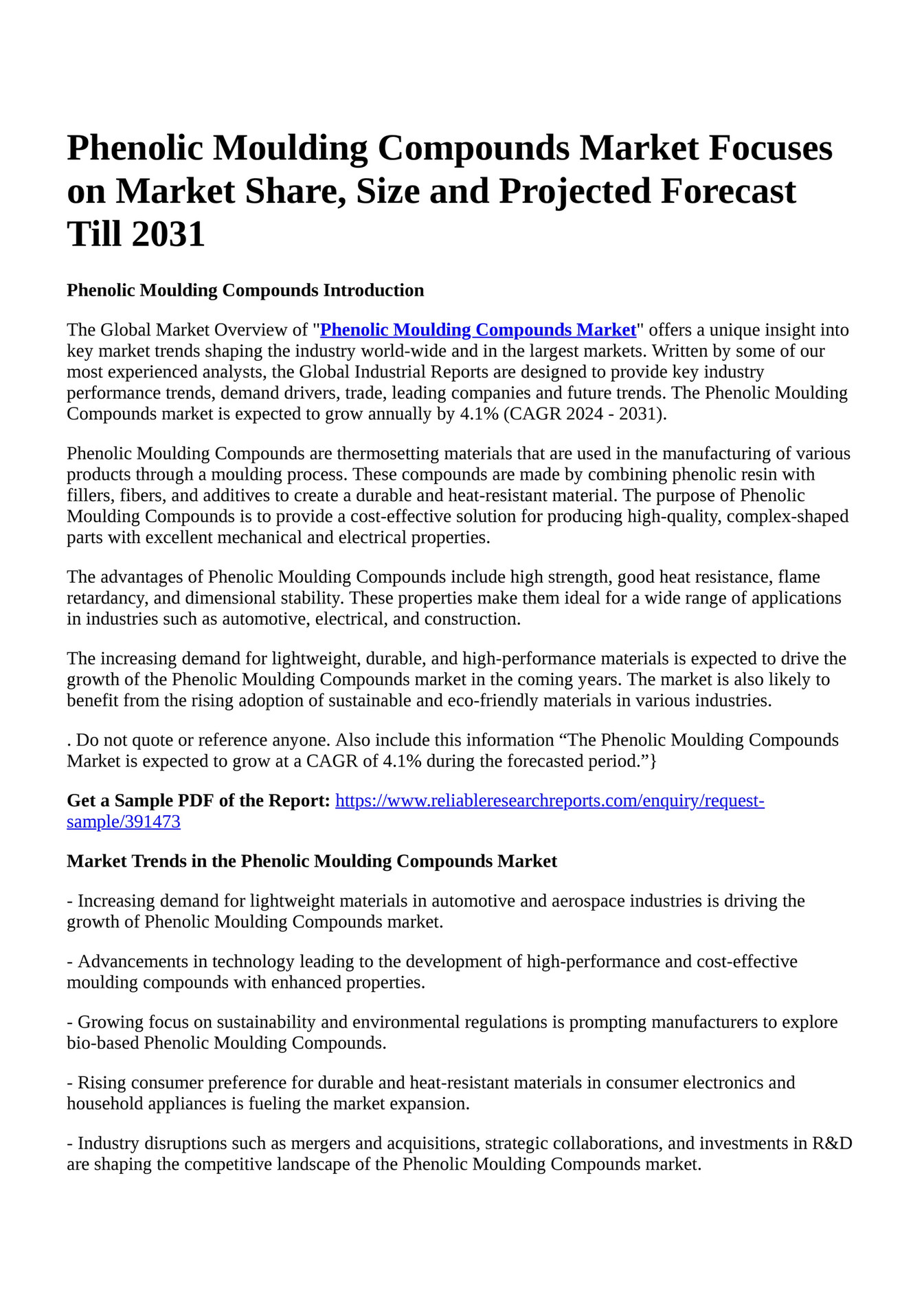 Reportprime Phenolic Moulding Compounds Market Focuses On Market