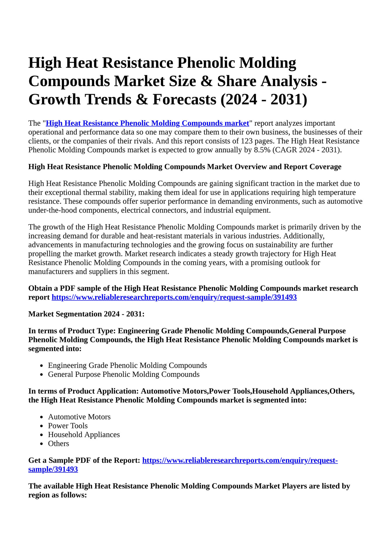 Reportprime High Heat Resistance Phenolic Molding Compounds Market Size Share Analysis