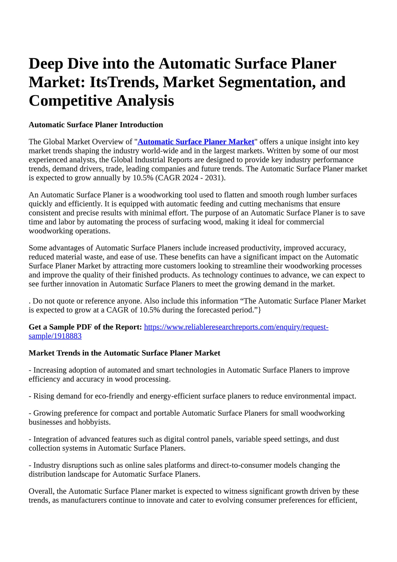 Reportprime Deep Dive into the Automatic Surface Planer Market