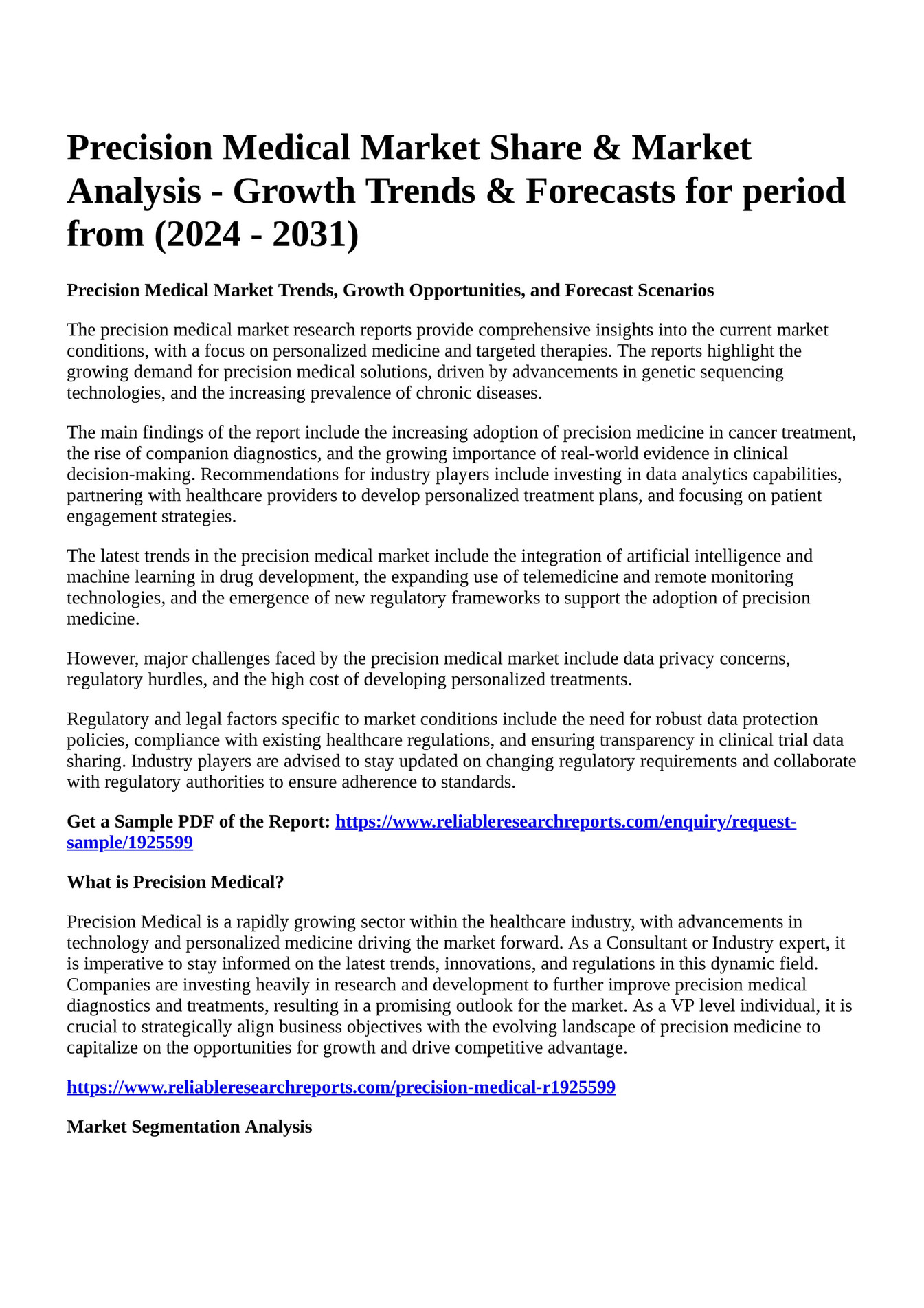 Reportprime Precision Medical Market Share & Market Analysis Growth Trends & Forecasts for