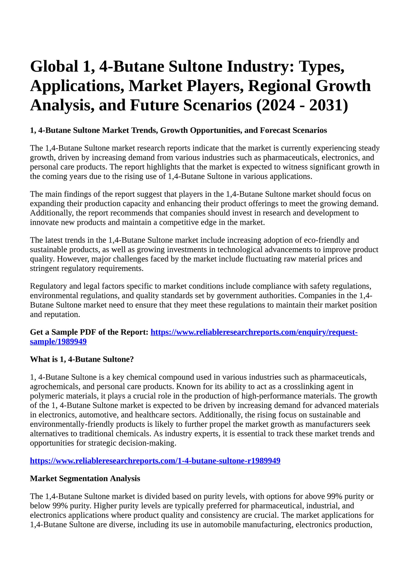 Reportprime - Global 1, 4-Butane Sultone Industry: Types, Applications ...