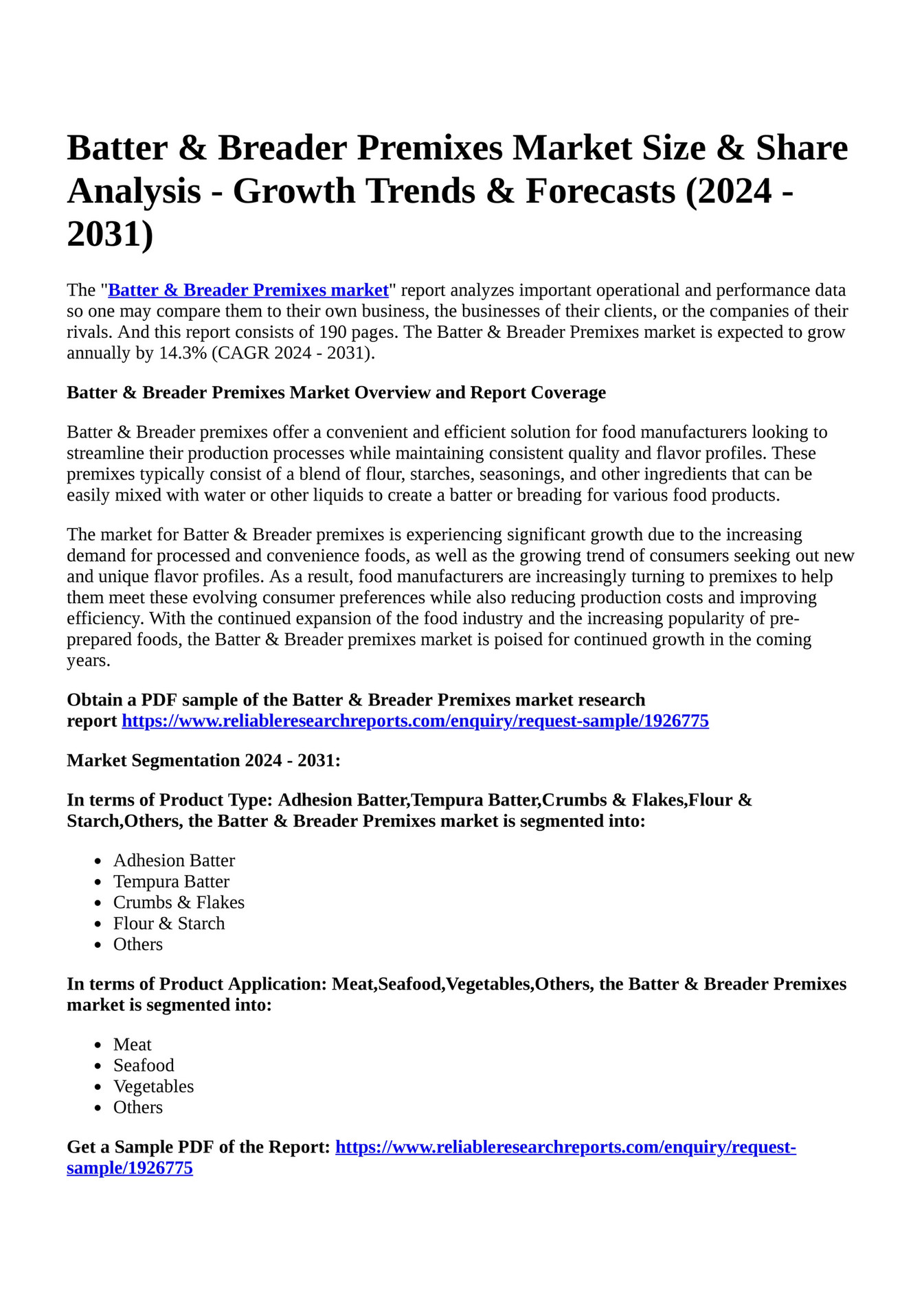 Reportprime - Batter & Breader Premixes Market Size & Share Analysis ...