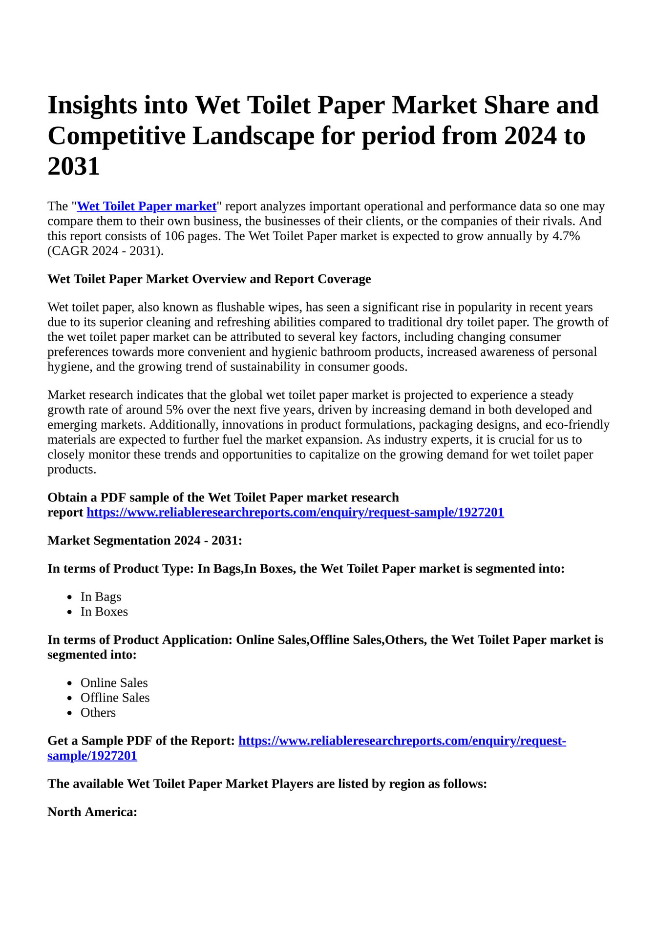 Reportprime Insights into Wet Toilet Paper Market Share and