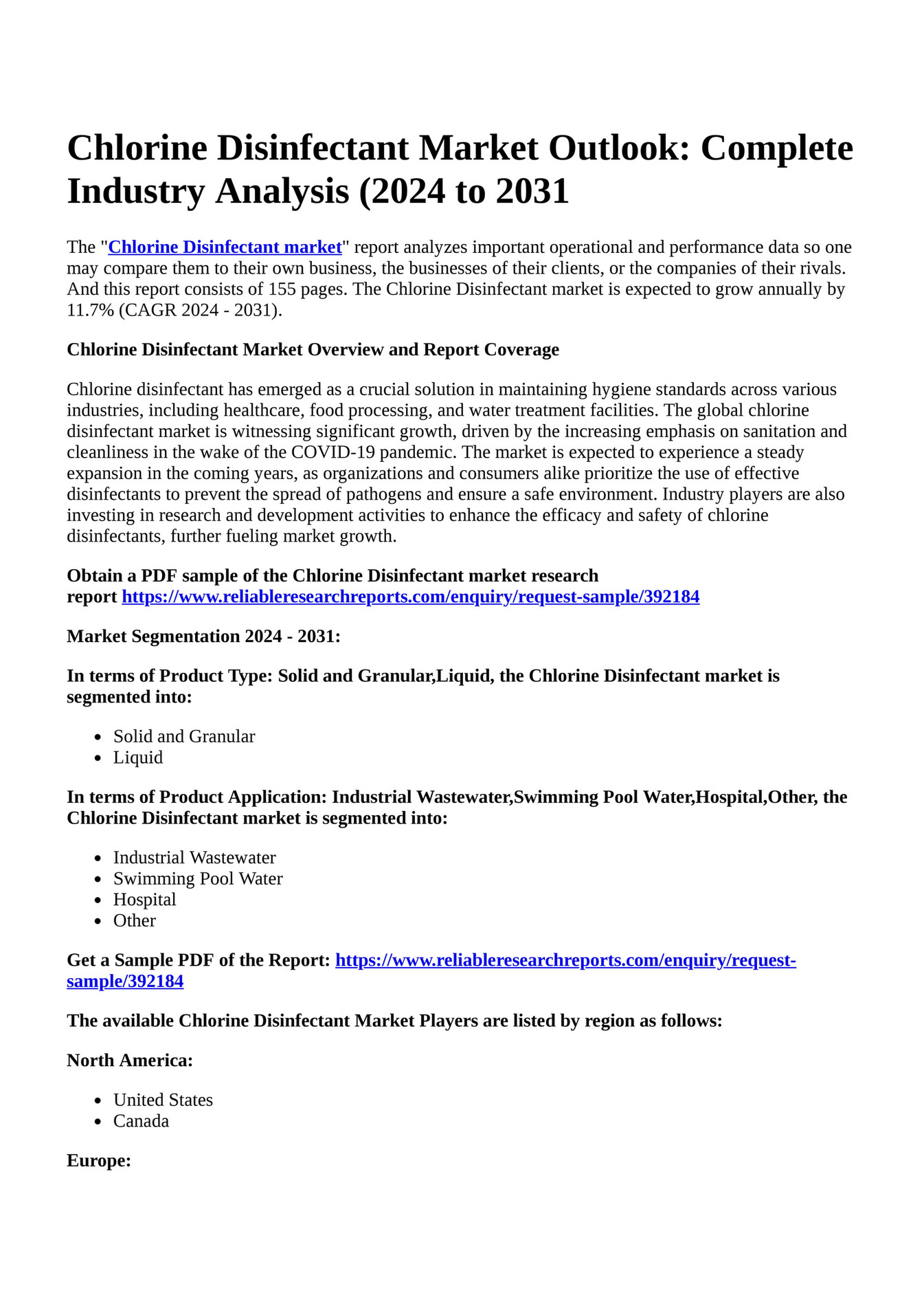 Reportprime - Chlorine Disinfectant Market Outlook: Complete Industry ...