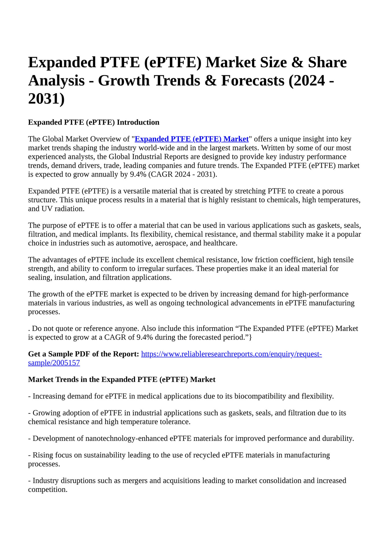 Reportprime - Expanded PTFE (ePTFE) Market Size & Share Analysis ...