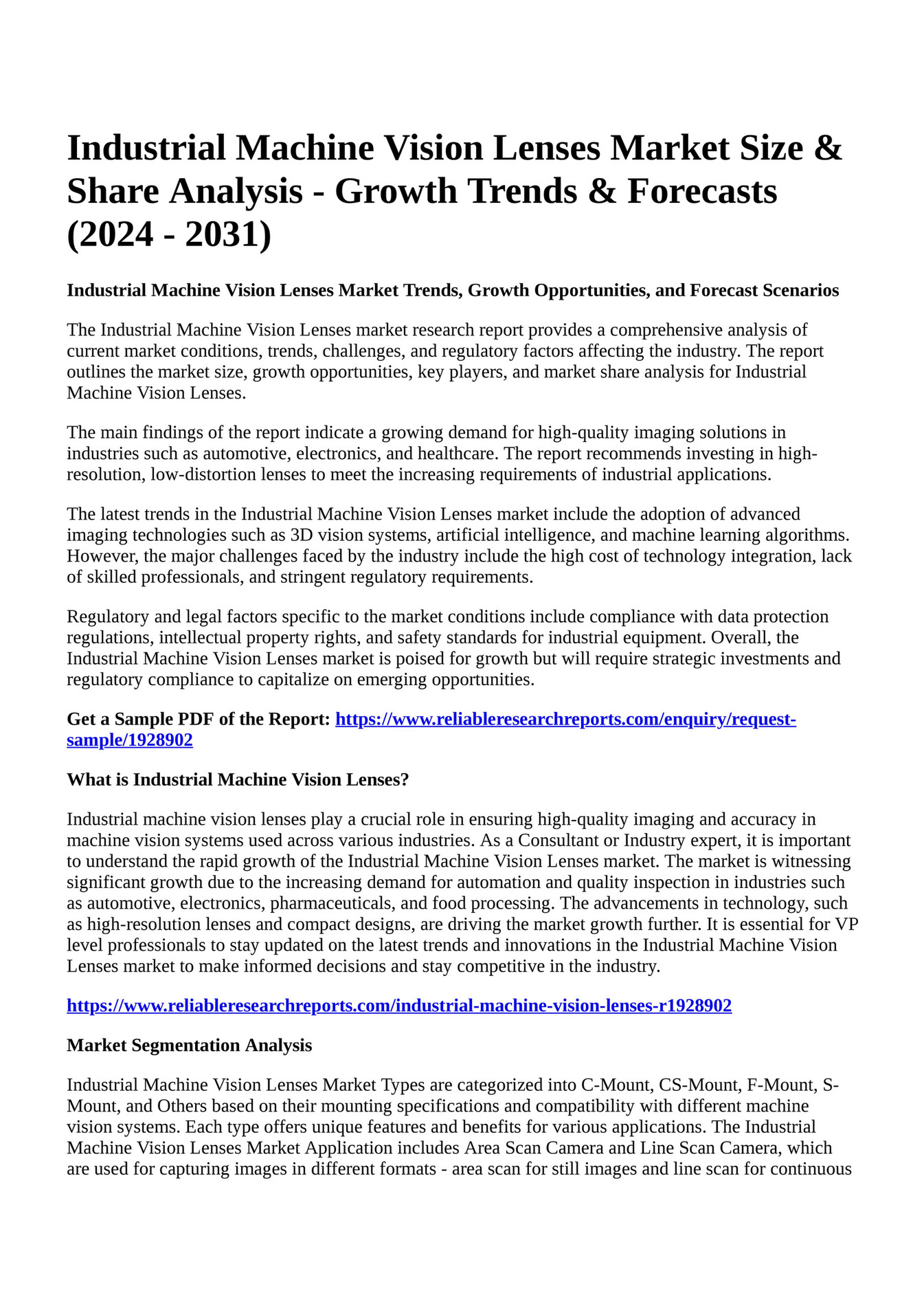 Reportprime - Industrial Machine Vision Lenses Market Size & Share ...