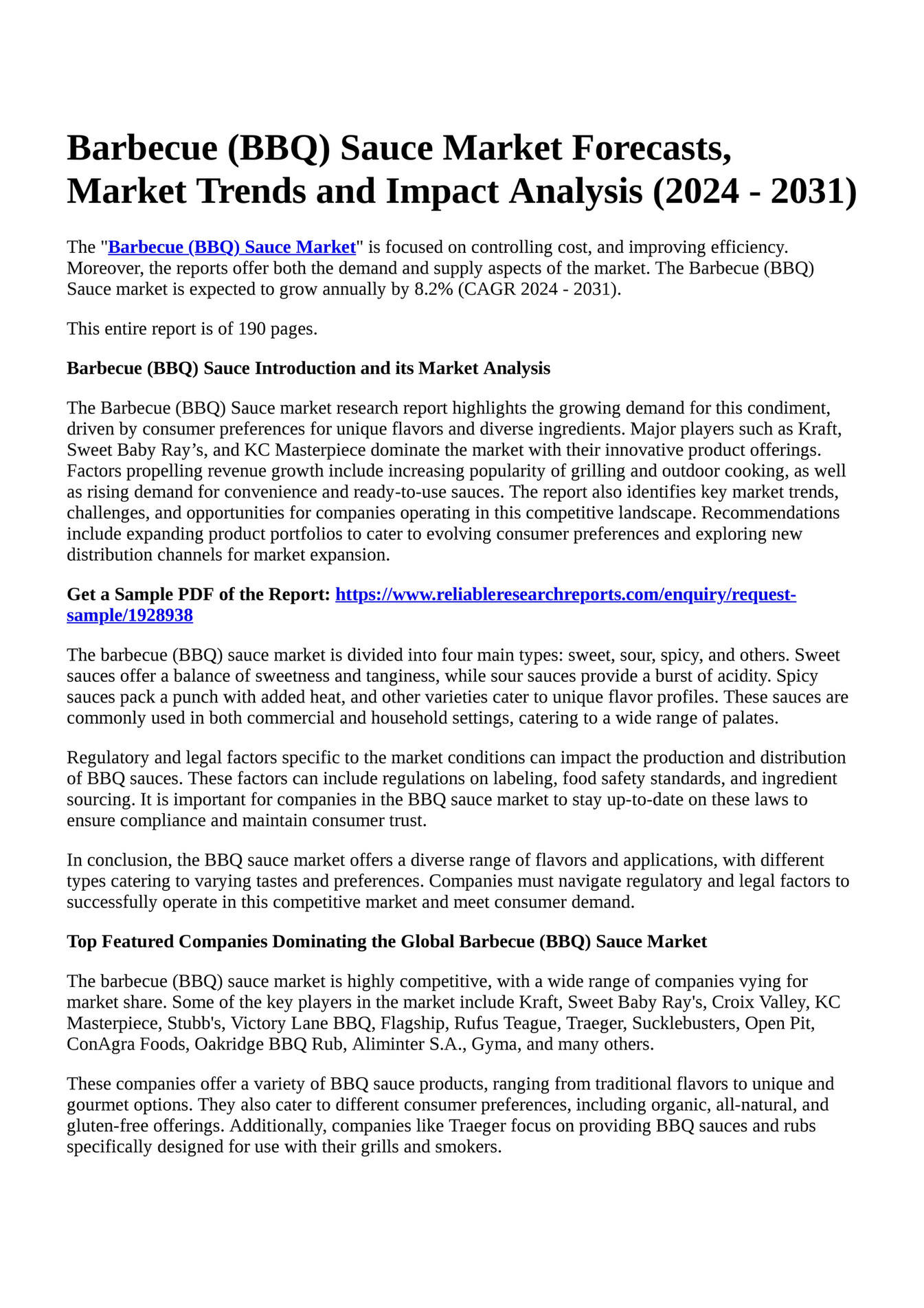 Reportprime Barbecue (BBQ) Sauce Market Forecasts, Market Trends and