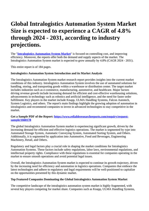 Reportprime Global Intralogistics Automation System Market Size is