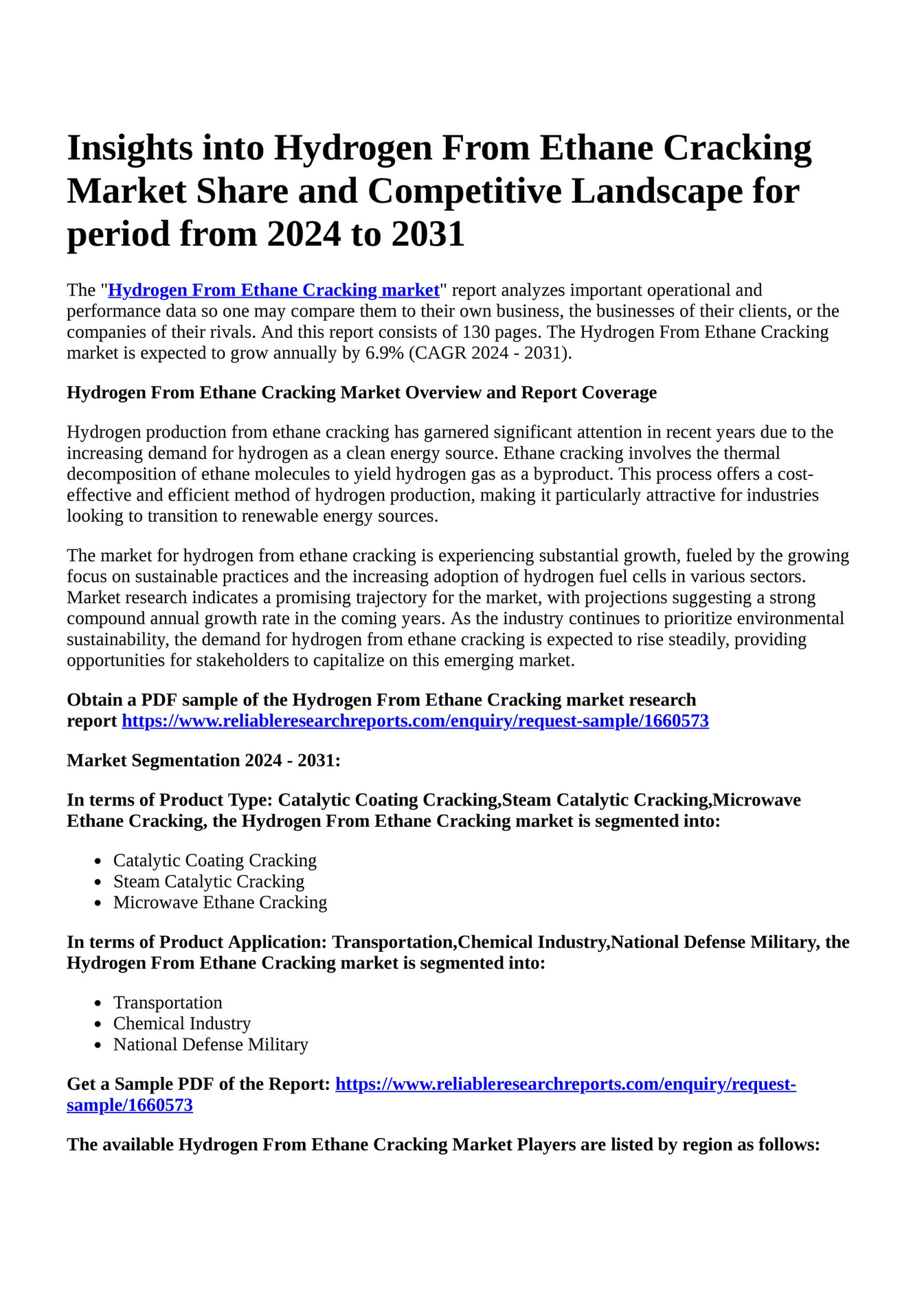 Reportprime - Insights into Hydrogen From Ethane Cracking Market Share ...