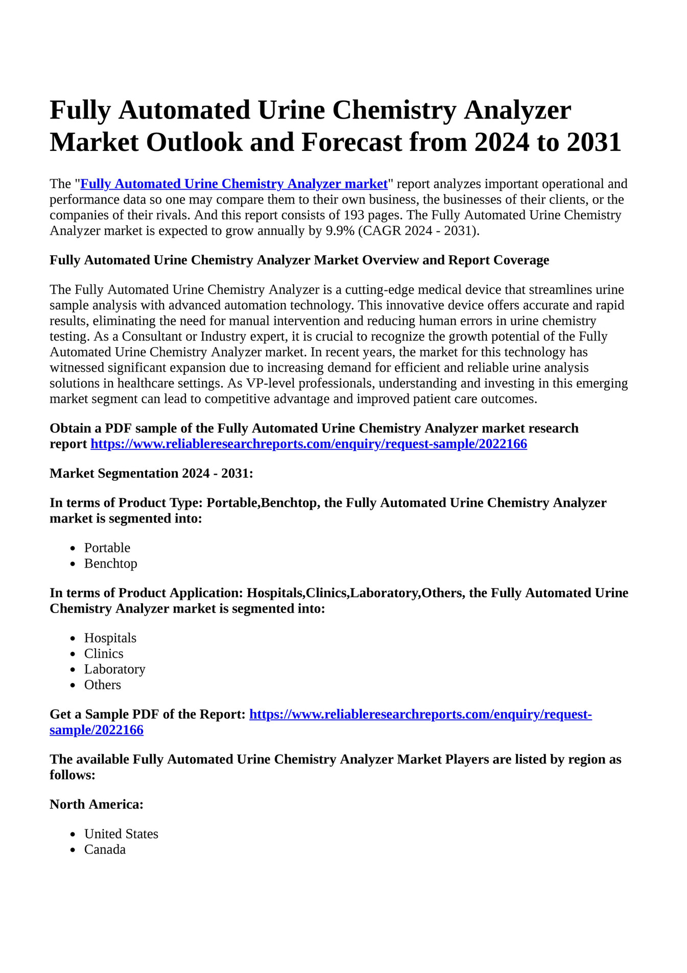 Reportprime Fully Automated Urine Chemistry Analyzer Market Outlook and Forecast from 2024 to
