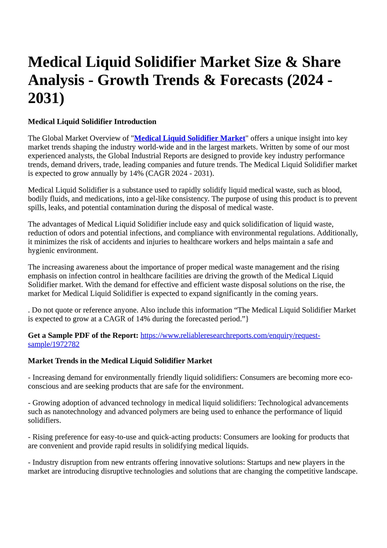 Reportprime Medical Liquid Solidifier Market Size & Share Analysis