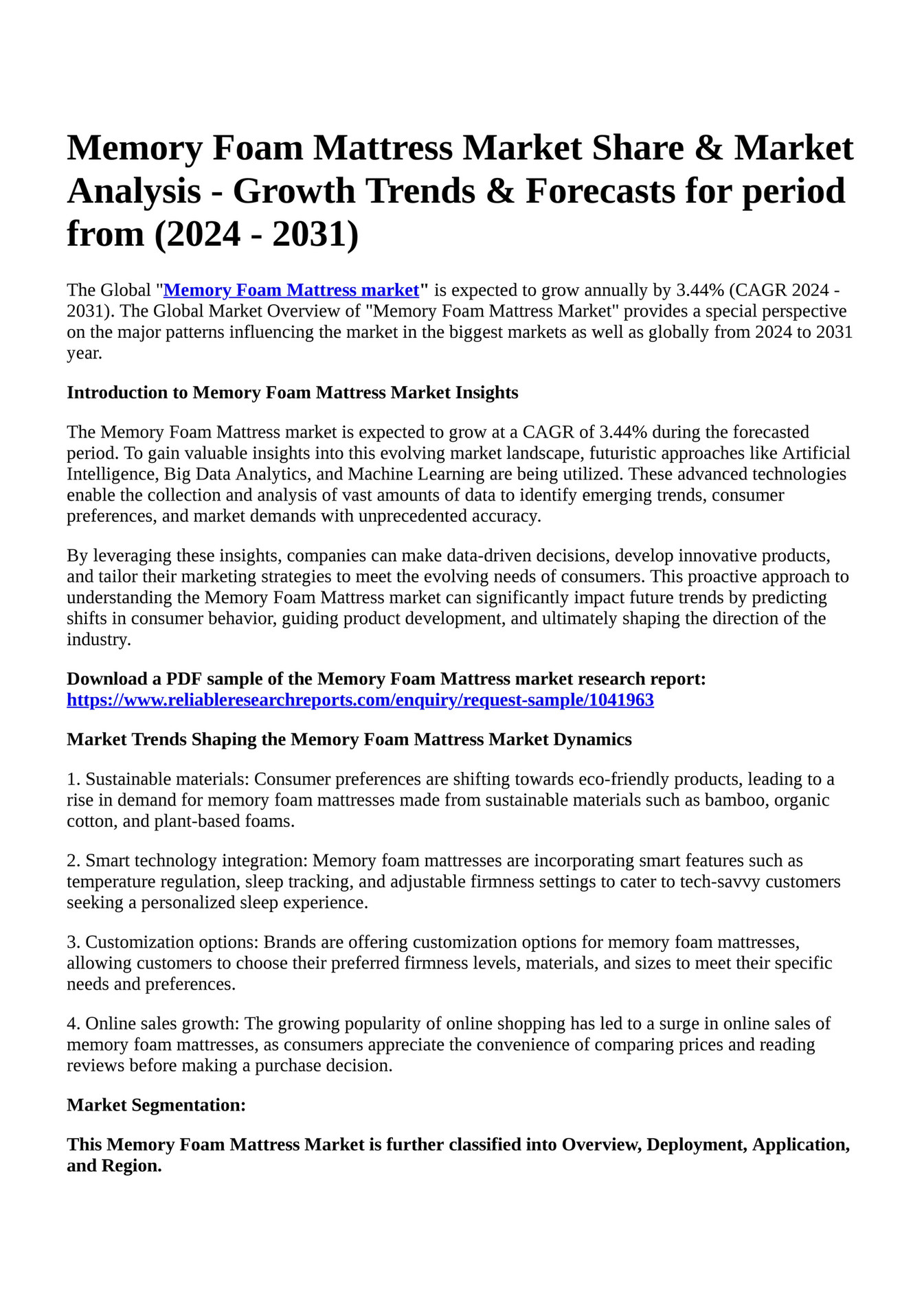 Reportprime - Memory Foam Mattress Market Share & Market Analysis ...