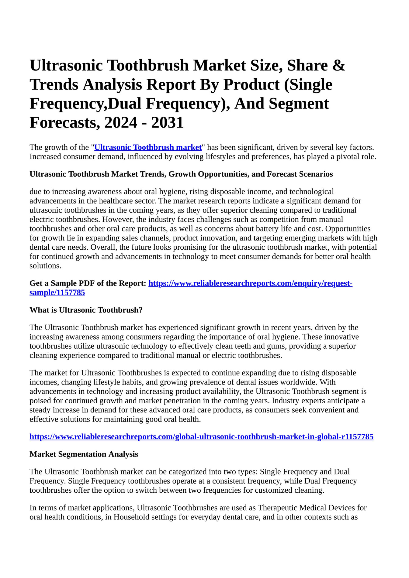 Reportprime Ultrasonic Toothbrush Market Size, Share & Trends