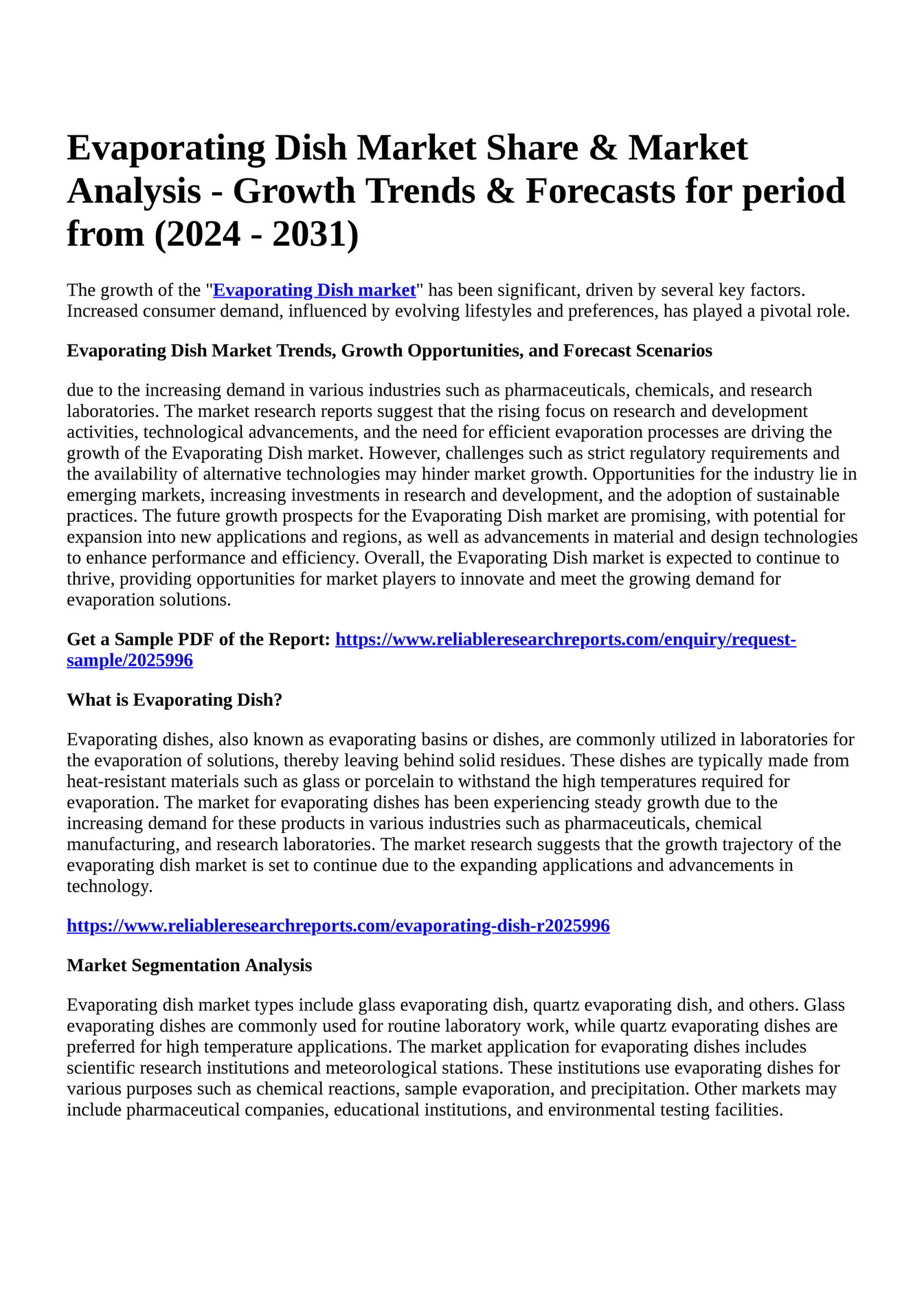 Reportprime Evaporating Dish Market Share & Market Analysis Growth