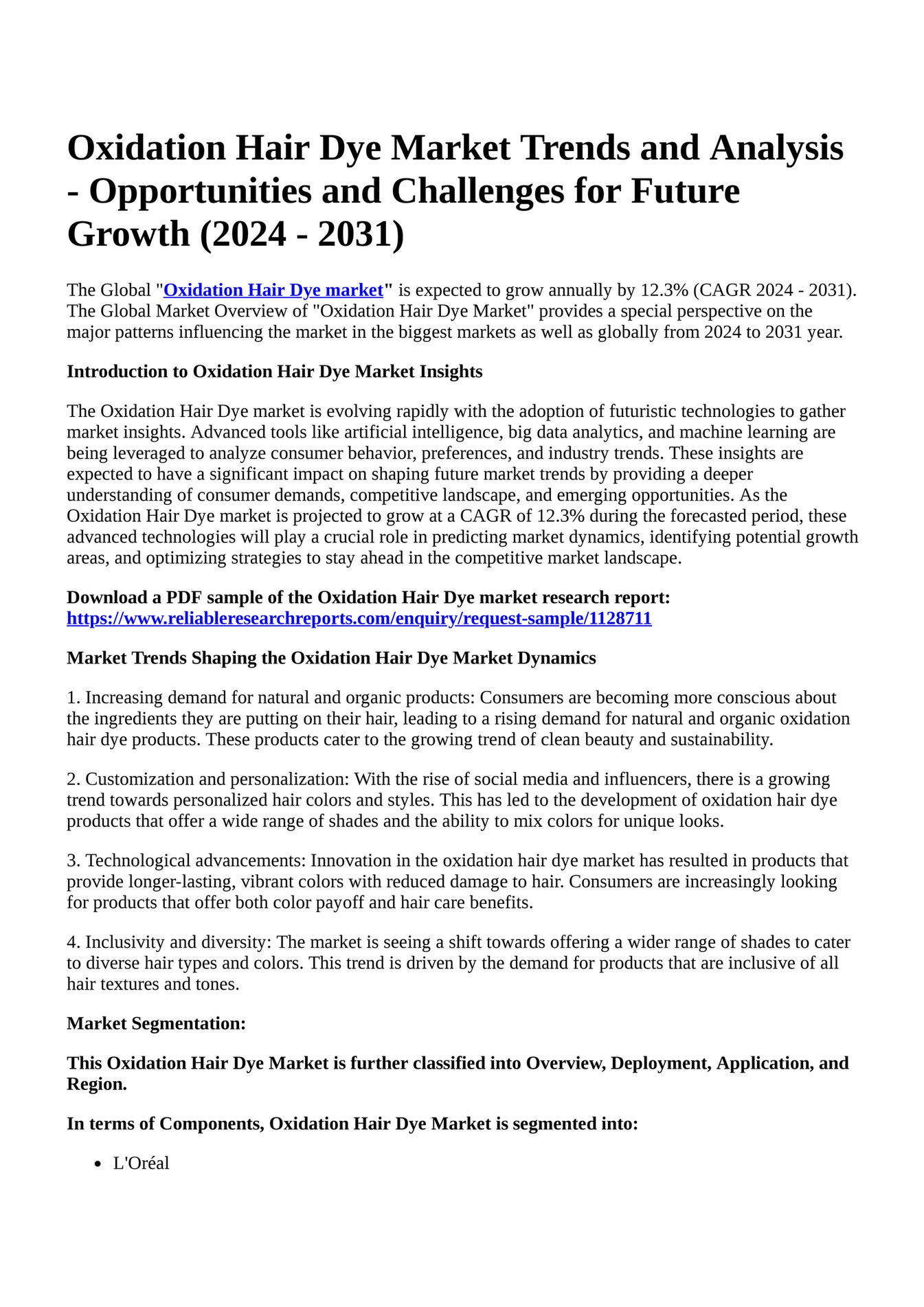 Reportprime Oxidation Hair Dye Market Trends and Analysis Opportunities and Challenges for