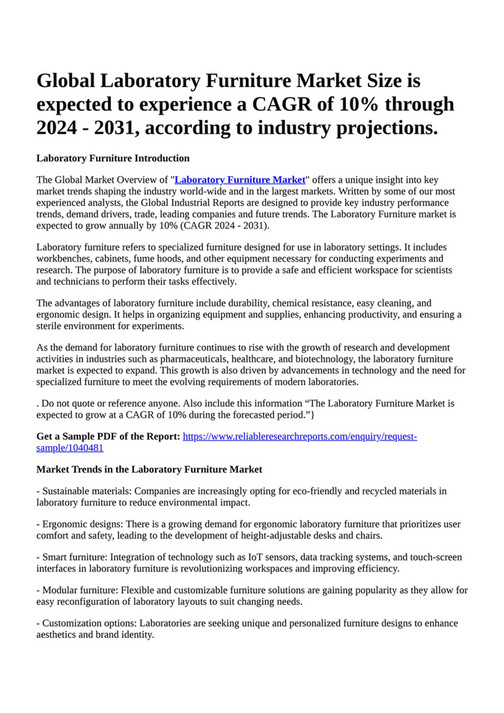 Reportprime Global Laboratory Furniture Market Size is expected to experience a CAGR of 10