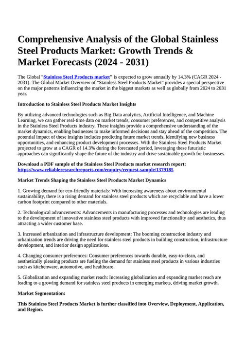 Reportprime Comprehensive Analysis of the Global Stainless Steel