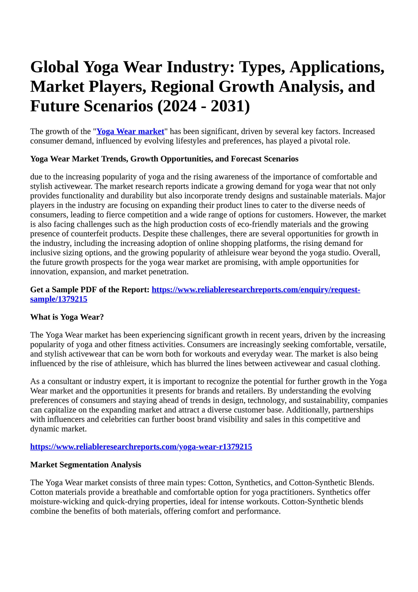 Reportprime Global Yoga Wear Industry Types, Applications, Market