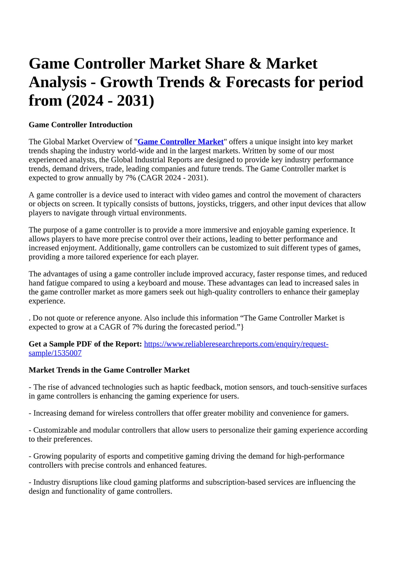 Reportprime Game Controller Market Share & Market Analysis Growth